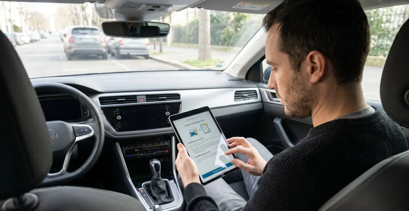 Un conducteur trentenaire consulte une tablette dans l'habitacle d'une voiture récente, cadré de dos avec lumière naturelle entrant par le pare-brise