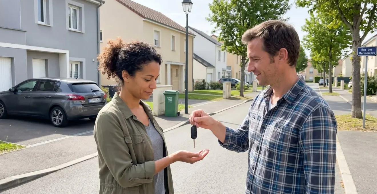 Deux personnes échangent des clés de voiture dans un cadre résidentiel français moderne, geste naturel capturé en lumière du jour avec véhicule récent flouté en arrière-plan