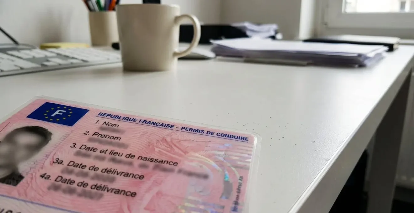 Vue rapprochée d'un permis de conduire français format carte rose posé sur un bureau clair avec documents d'assurance floutés en arrière-plan