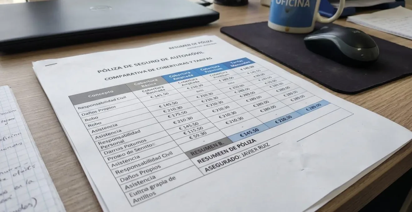 Primer plano macro de una póliza de seguro temporal sobre escritorio blanco mostrando tabla comparativa de coberturas con diferentes tarifas, texto difuminado pero estructura de tabla visible con iluminación lateral natural