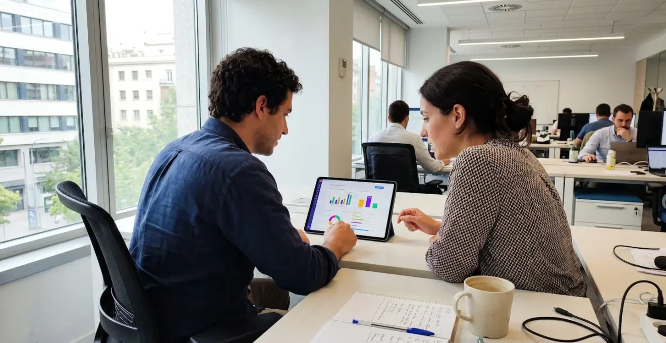 Dos personas vistas de espaldas y perfil lateral consultan en una tablet un comparador de precios de seguros temporales en una oficina contemporánea con luz natural