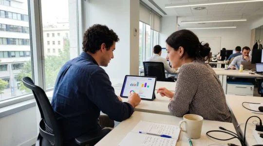 Dos personas vistas de espaldas y perfil lateral consultan en una tablet un comparador de precios de seguros temporales en una oficina contemporánea con luz natural