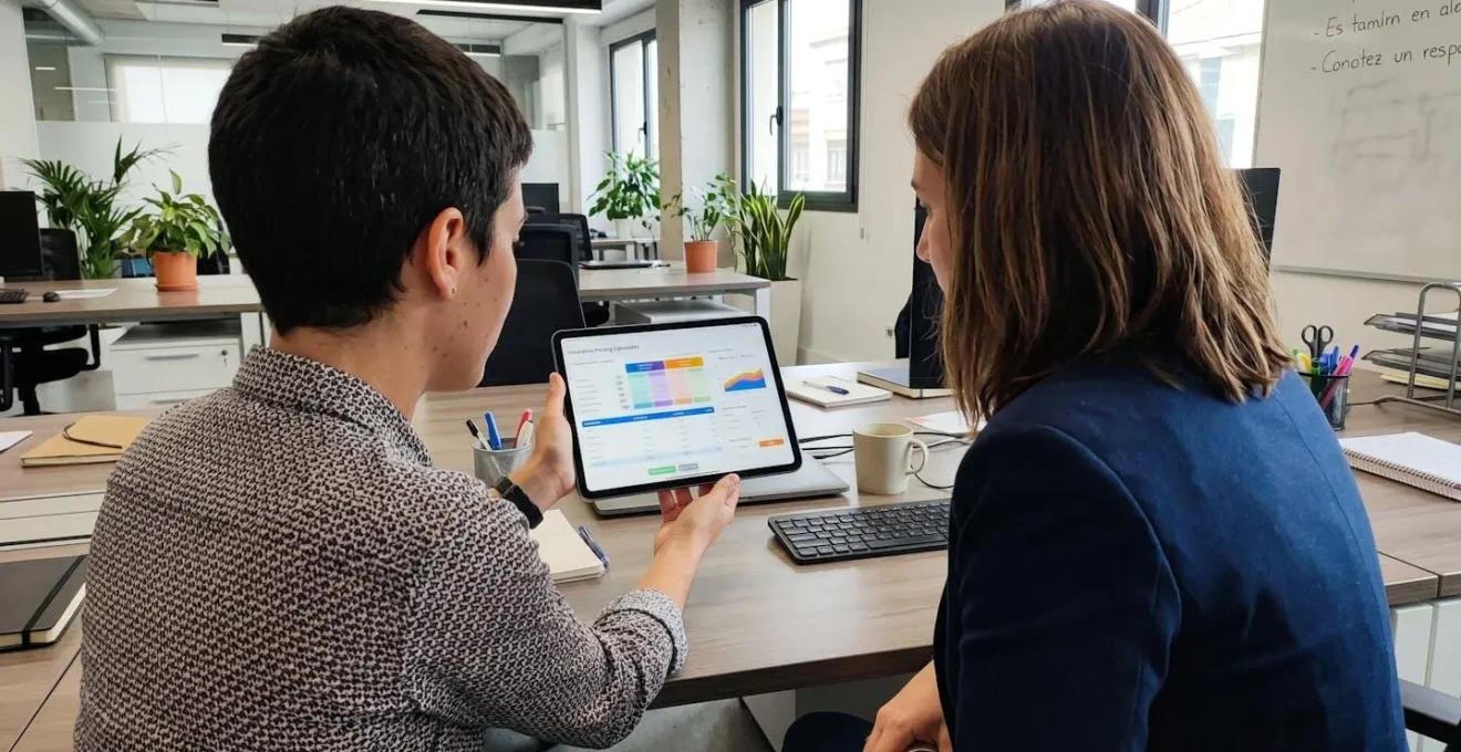 Dos personas vistas de espaldas y perfil lateral consultan en una tablet un comparador de precios de seguros temporales en una oficina contemporánea con luz natural