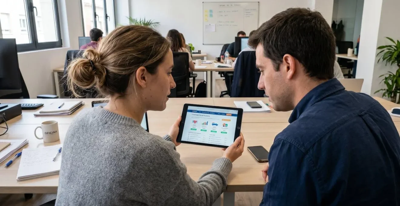 Dos personas vistas de espaldas y perfil lateral consultan en una tablet un comparador de precios de seguros temporales en una oficina contemporánea con luz natural