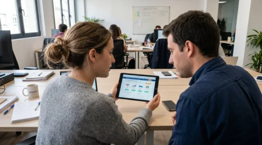 Dos personas vistas de espaldas y perfil lateral consultan en una tablet un comparador de precios de seguros temporales en una oficina contemporánea con luz natural