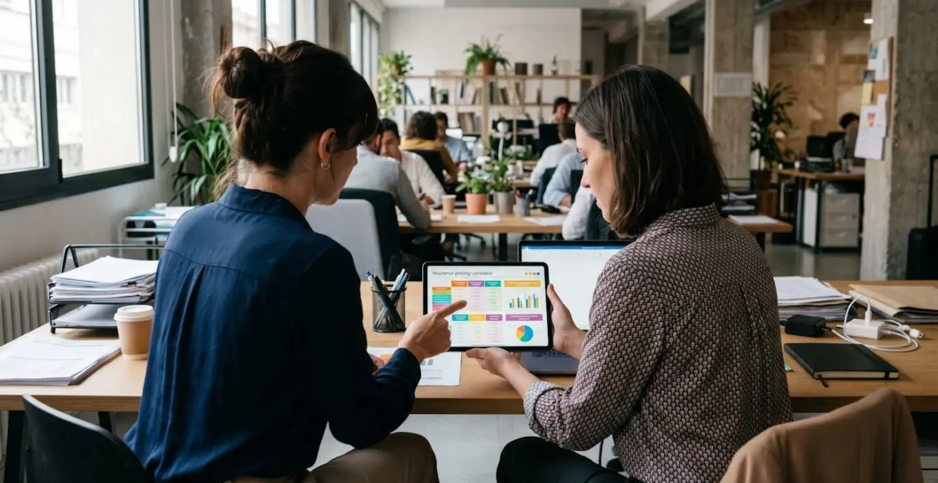 Dos personas vistas de espaldas y perfil lateral consultan en una tablet un comparador de precios de seguros temporales en una oficina contemporánea con luz natural