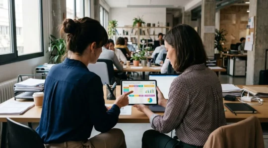 Dos personas vistas de espaldas y perfil lateral consultan en una tablet un comparador de precios de seguros temporales en una oficina contemporánea con luz natural