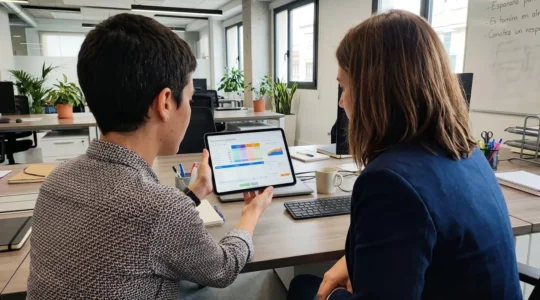 Dos personas vistas de espaldas y perfil lateral consultan en una tablet un comparador de precios de seguros temporales en una oficina contemporánea con luz natural