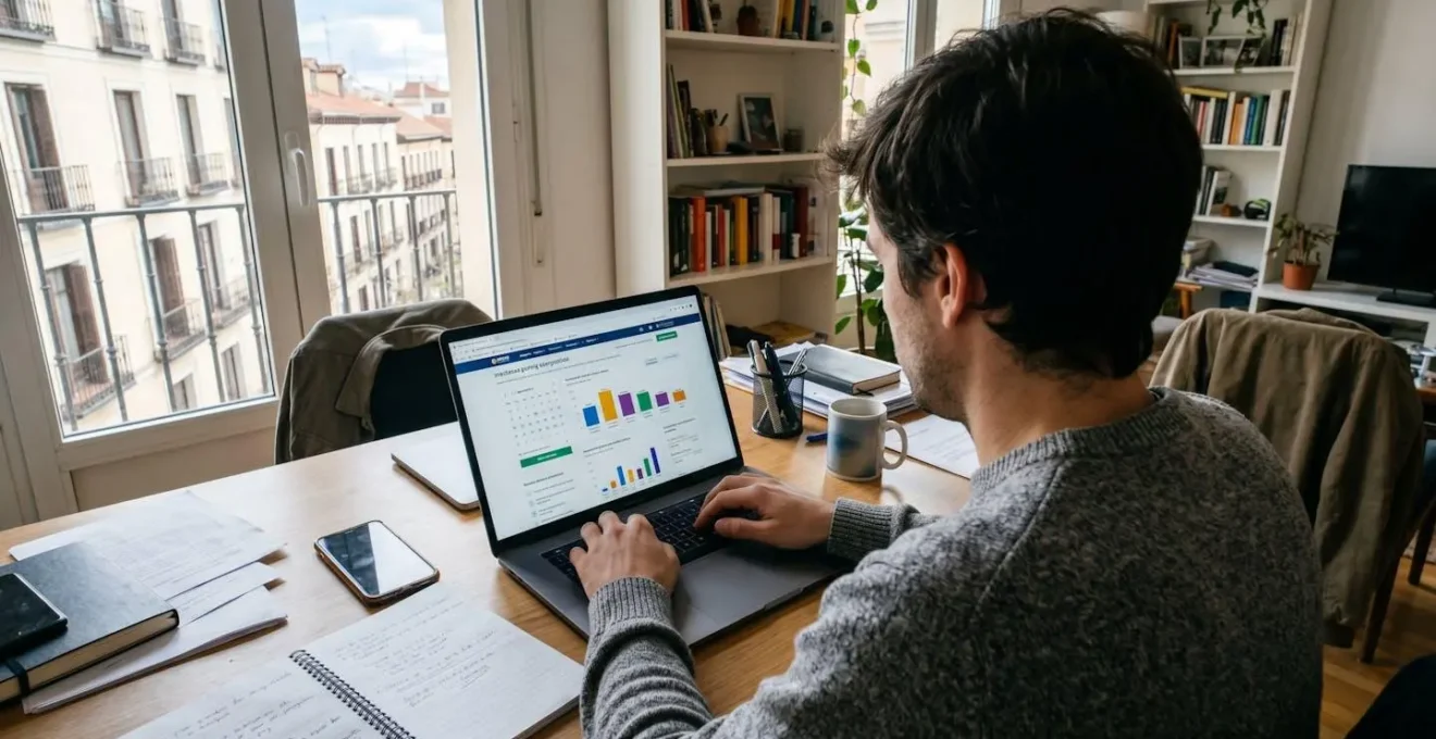 Persona vista completamente de espaldas en escritorio contemporáneo usando ordenador portátil con calculadora online de seguros temporales, selector de duración visible en pantalla con interfaz difuminada pero reconocible