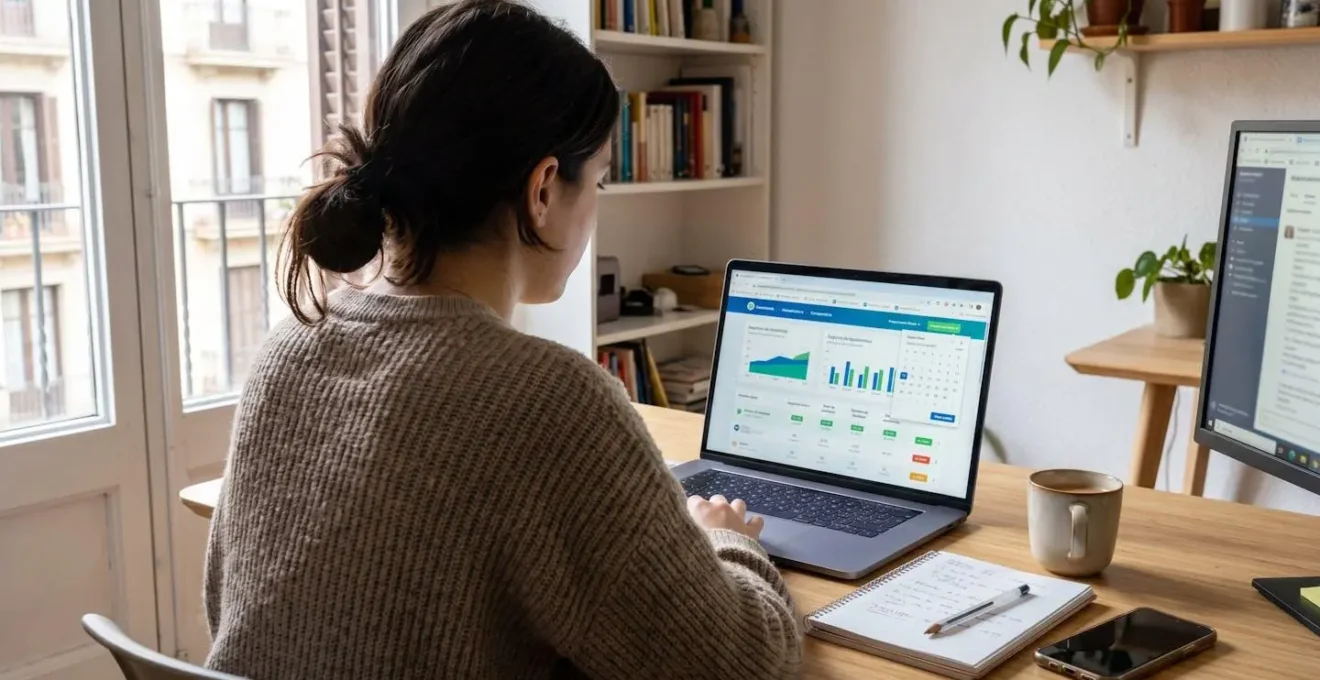 Persona vista completamente de espaldas en escritorio contemporáneo usando ordenador portátil con calculadora online de seguros temporales, selector de duración visible en pantalla con interfaz difuminada pero reconocible