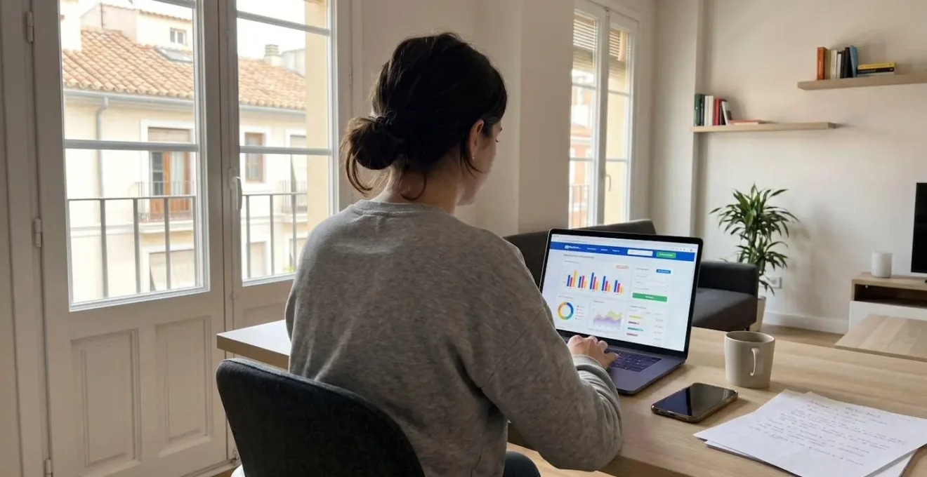 Persona vista completamente de espaldas en escritorio contemporáneo usando ordenador portátil con calculadora online de seguros temporales, selector de duración visible en pantalla con interfaz difuminada pero reconocible