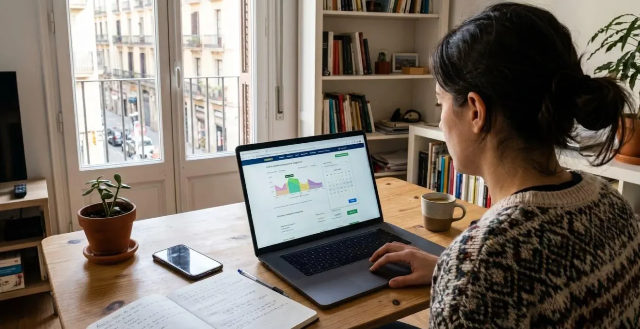 Persona vista completamente de espaldas en escritorio contemporáneo usando ordenador portátil con calculadora online de seguros temporales, selector de duración visible en pantalla con interfaz difuminada pero reconocible
